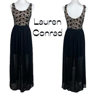 LC Lauren Conrad Black Crocheted Sheer Skirt Party Event Maxi Dress NWT